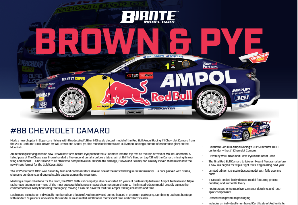 *PRE ORDER*  #87 TRIPLE 8 CHEVROLET CAMARO ZS1 BROWN/PYE (BATHURST 2025)